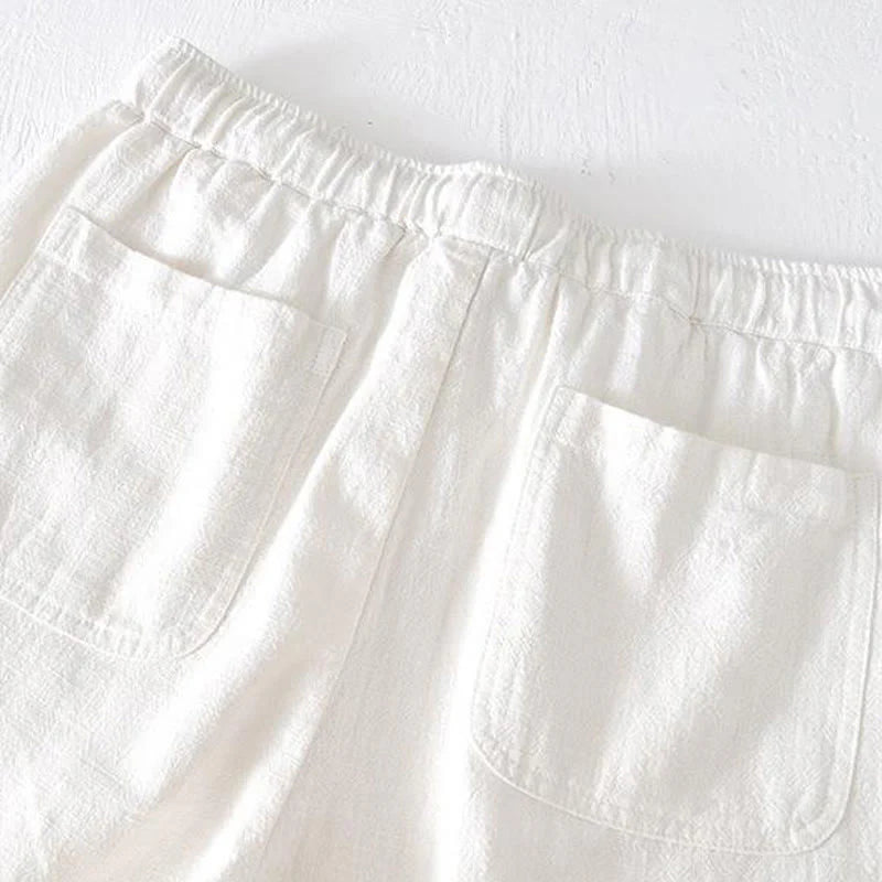 Buddha Stones Summer Solid Color Drawstring Elastic Waist Men's Cotton Linen Shorts With Pockets