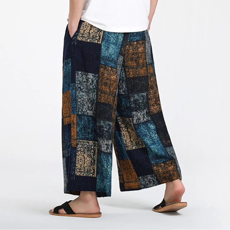 Buddha Stones Summer Patchwork Design 7-8 Length Men's Wide Leg Pants With Pockets