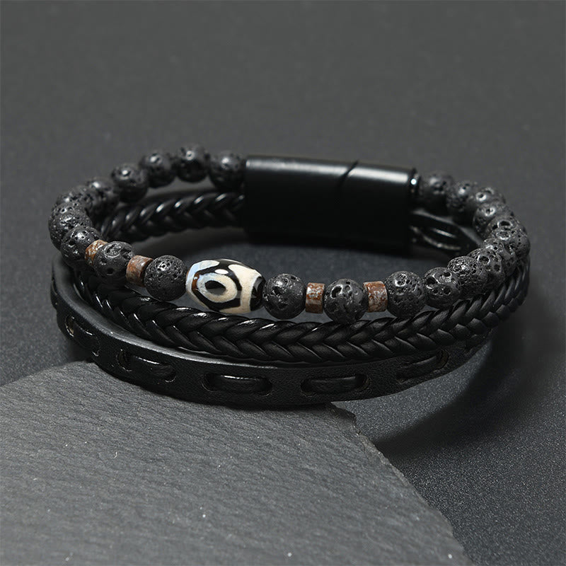 FREE Today: Wealth and Protection Dzi Bead Lava Rock Multilayered Braided Leather Bracelet