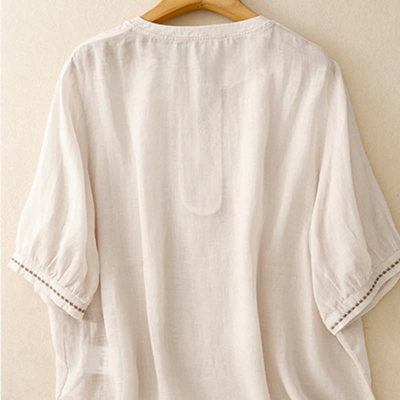 Buddha Stones Embroidery Crew Neck Pleats Women's Cotton Linen Half Sleeve T-shirt