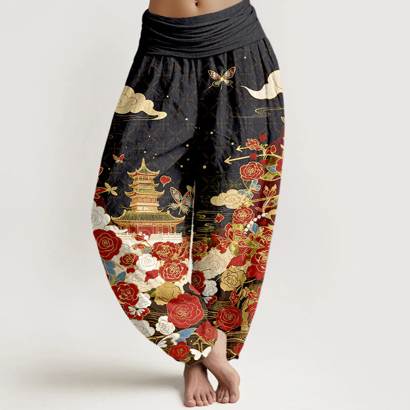 Buddha Stones Cotton Butterfly Rose Pagoda Heart Pattern Women's Elastic Waist Harem Pants