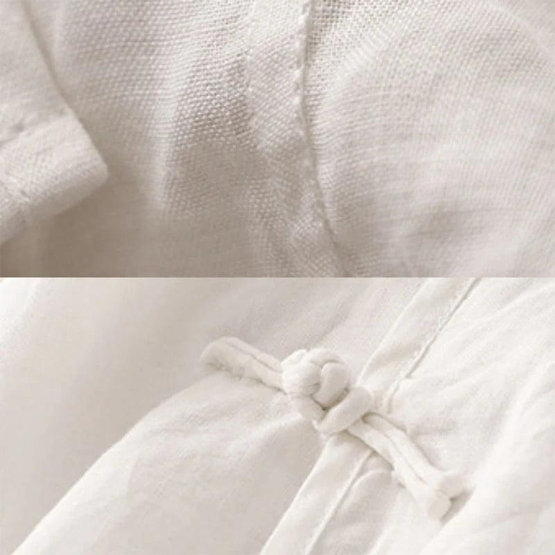 Buddha Stones Summer V-Neck Frog-Button Short Sleeve Cotton Linen Women's Midi Dress