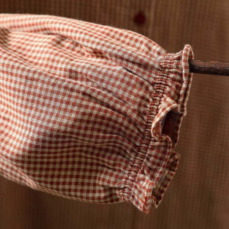 Buddha Stones Fall Tiny Plaid Button Down Ruffle Collar Long Sleeve Women's Cotton Shirt