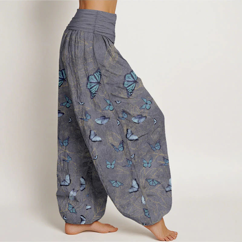 Buddha Stones Cotton Dreamlike Butterfly Leaf Pattern Women's Elastic Waist Harem Pants