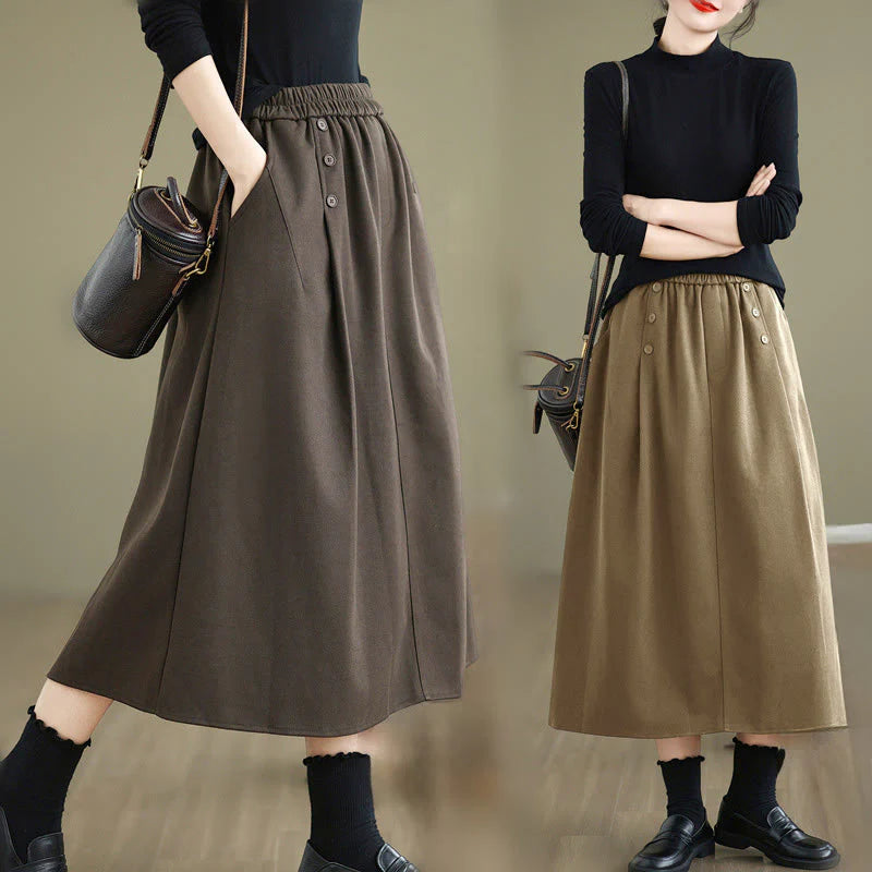 Buddha Stones Women's Winter Pure Color Cotton 7-8 Length Elastic Waistband Skirt With Pockets