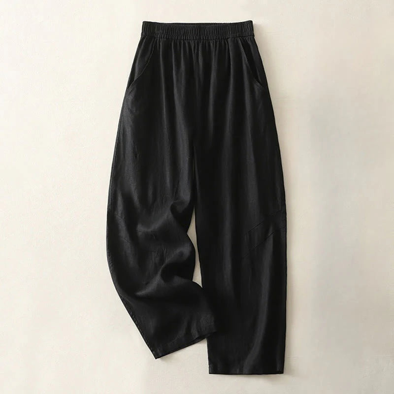 Buddha Stones Summer Daily Solid Color Elastic Waistband Design Women's Wide Leg Cotton Linen Pants With Pockets