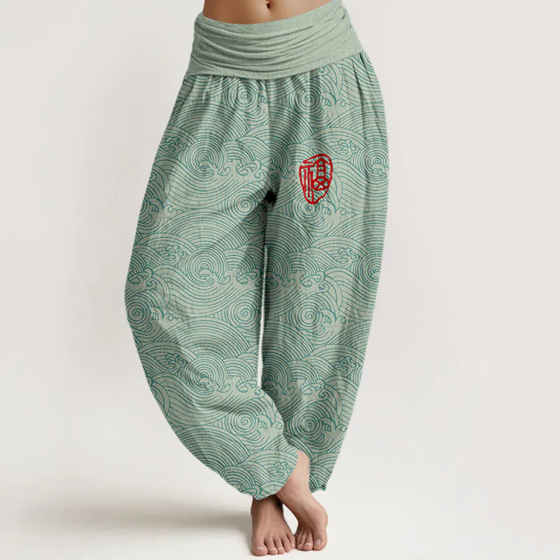Buddha Stones Pure Cotton Fu Character Ocean Waves Women's Elastic Waist Harem Pants
