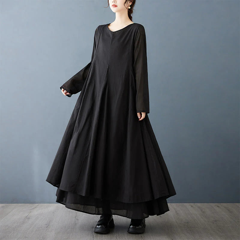 Buddha Stones Spring Double Layer Design Cotton Long Sleeve Women's Midi Dress