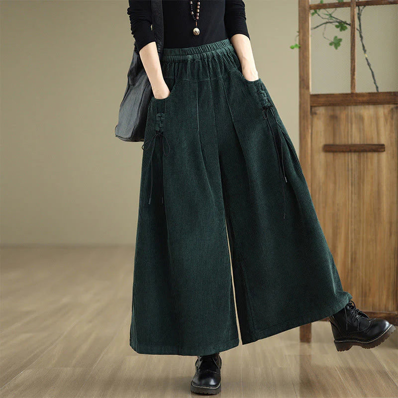Buddha Stones Women's Pure Color Drawstring Design Wide Leg Corduroy Pants With Pockets