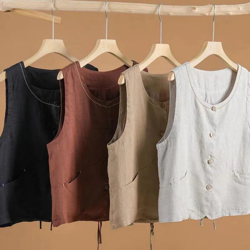 Buddha Stones Single Breasted Sleeveless Design Cotton Linen Women's Vest WIth Pockets
