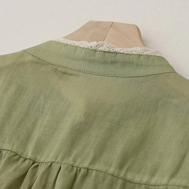Buddha Stones Pure Color Lace Design Long Lantern Sleeve Women's Cotton Linen Shirt