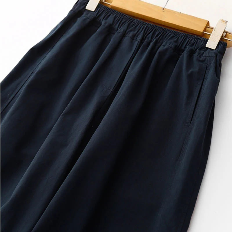 Buddha Stones Spring Commute Solid Color High Waist Women's Wide Leg Cotton Linen Pants With Pockets