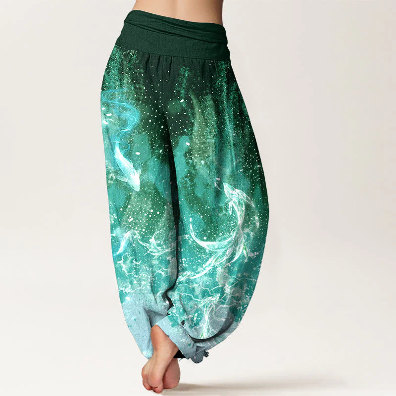 Buddha Stones Cotton Koi Fish Aquatic Pattern Women's Elastic Waist Harem Pants