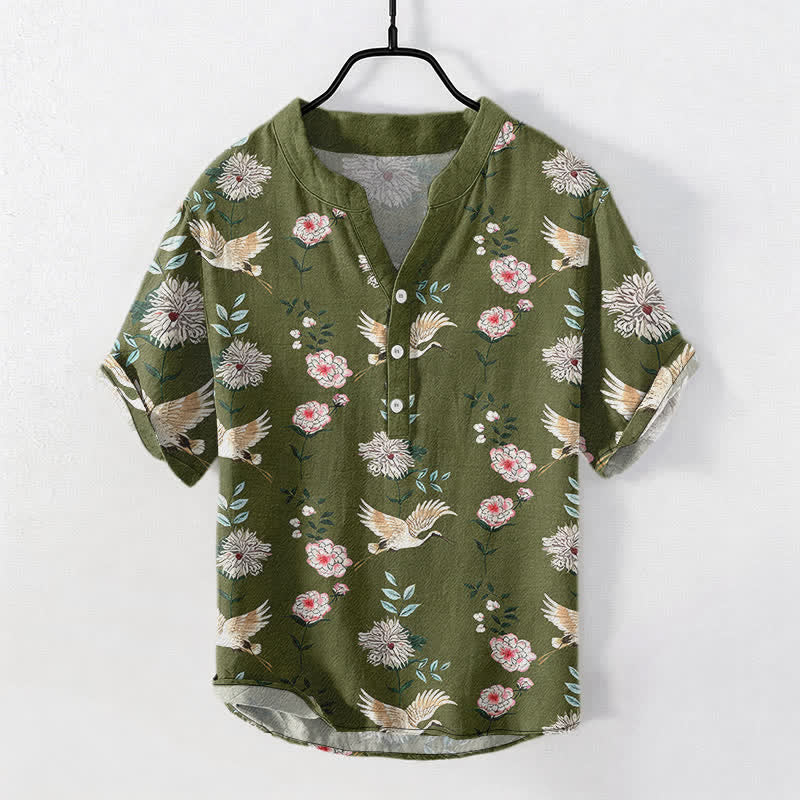 Buddha Stones Cotton Crane Floral Print Men's Short Sleeve Half Button Shirt