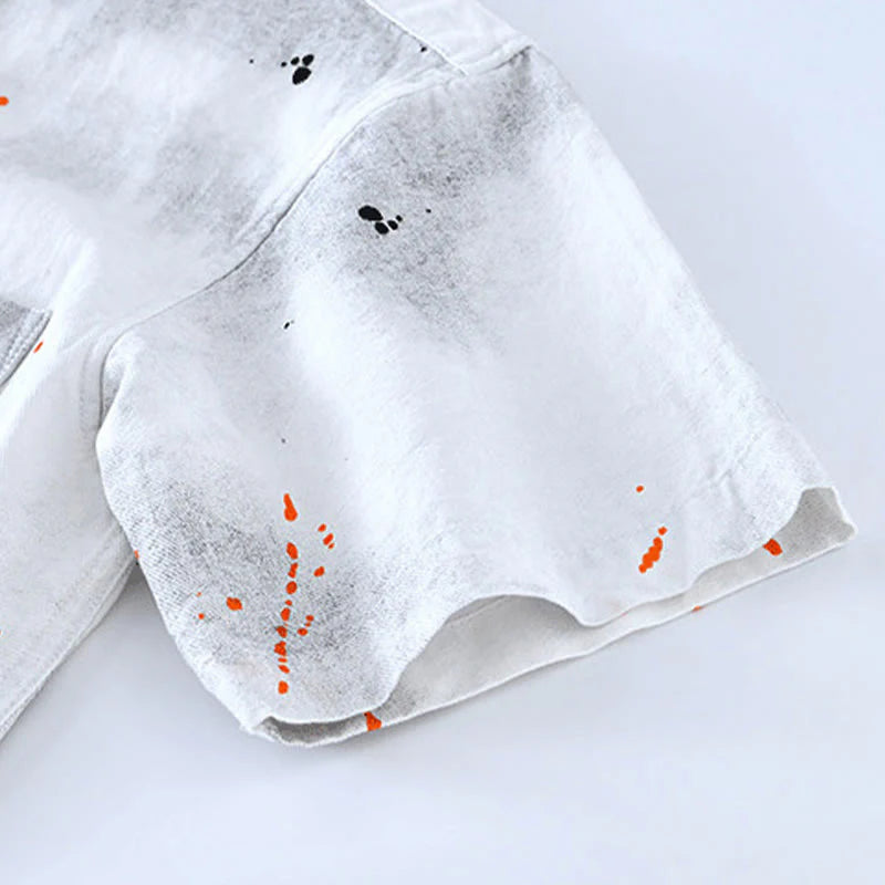 Buddha Stones Summer Ink Splashing Color Men's Button Short Sleeve Cotton Shirt