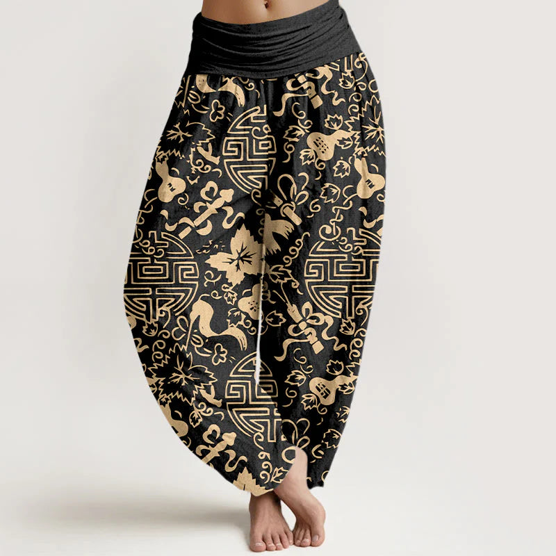 Buddha Stones Pure Cotton Chinese Character Gourd Auspicious Pattern Women's Elastic Waist Harem Pants
