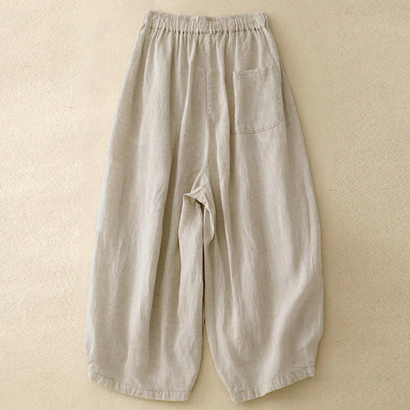 Buddha Stones Summer Elastic Waist Cotton Women's Capri Cropped Harem Pants With Pockets