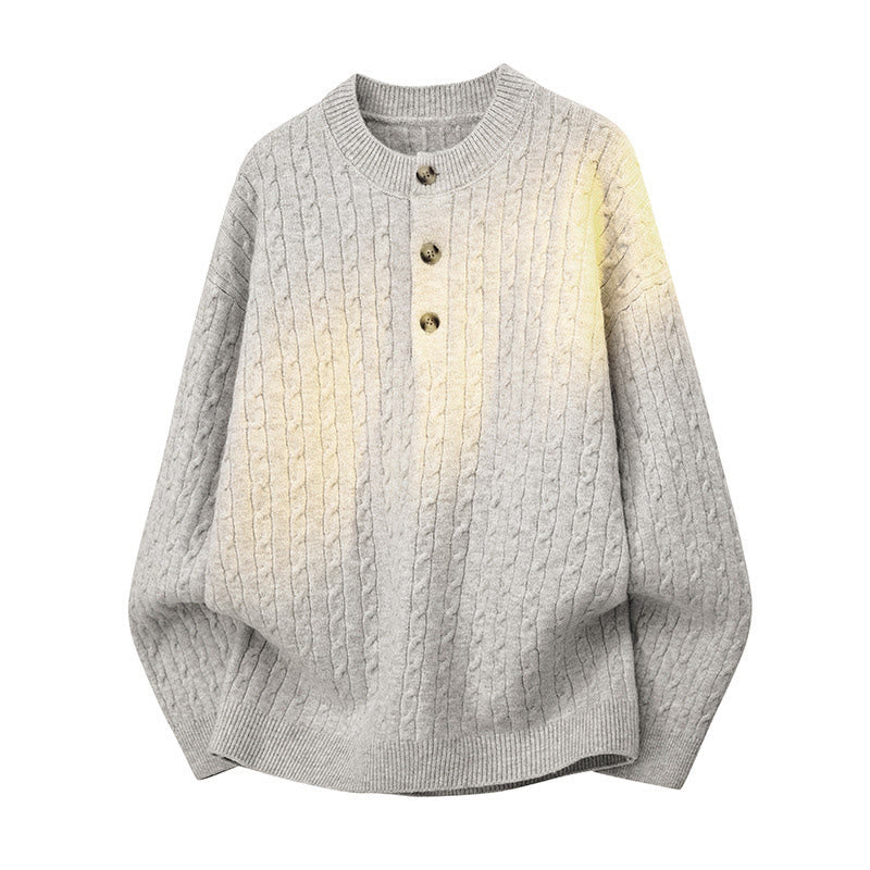 Buddha Stones Winter Crew Neck Three Buttons Twisted Design Warm Men's Long Sleeve Knitted Sweater