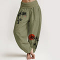 Buddha Stones Bamboo Leaves Red Sun Pattern Women's Elastic Waist Harem Pure Cotton Pants