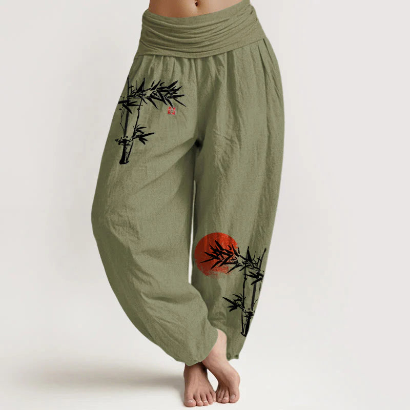 Buddha Stones Bamboo Leaves Red Sun Pattern Women's Elastic Waist Harem Pure Cotton Pants