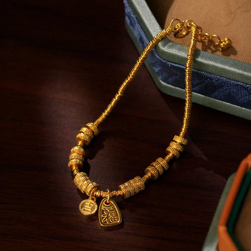 Buddha Stones 24k Gold Plated Brass Fu Character Lucky Charm Blessing Bracelet