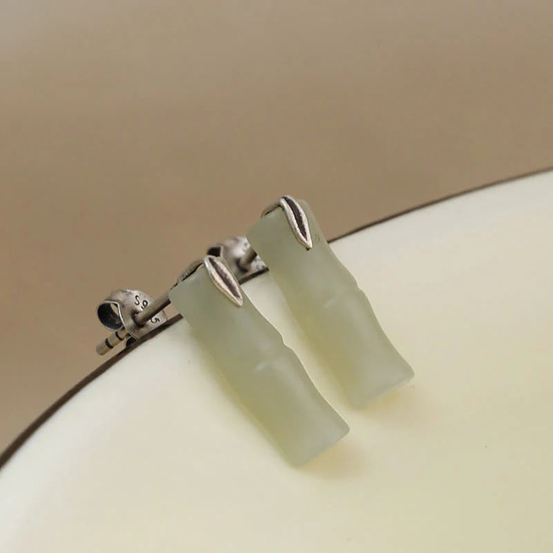 Buddha Stones Bamboo Hetian Jade 925 Sterling Silver Leaf Wealth Earrings