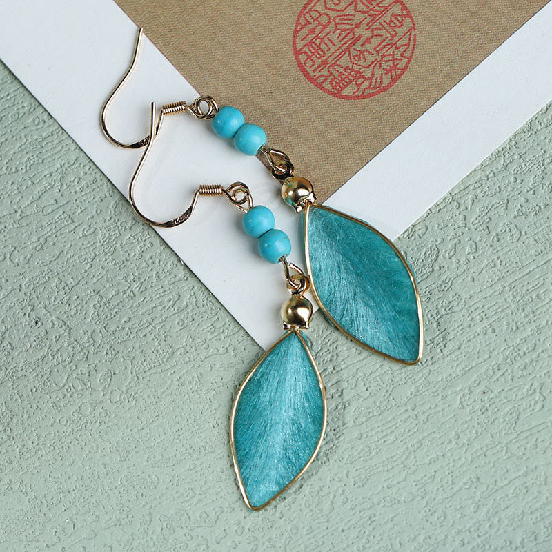 Buddha Stones Boho Handcrafted Silk Art Bead Leave Shape Good Fortune Hook Dangle Earrings