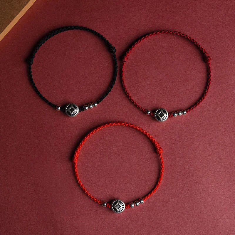 Buddha Stones 999 Sterling Silver Copper Coin Charm Handmade String Strength Bracelet Anklet