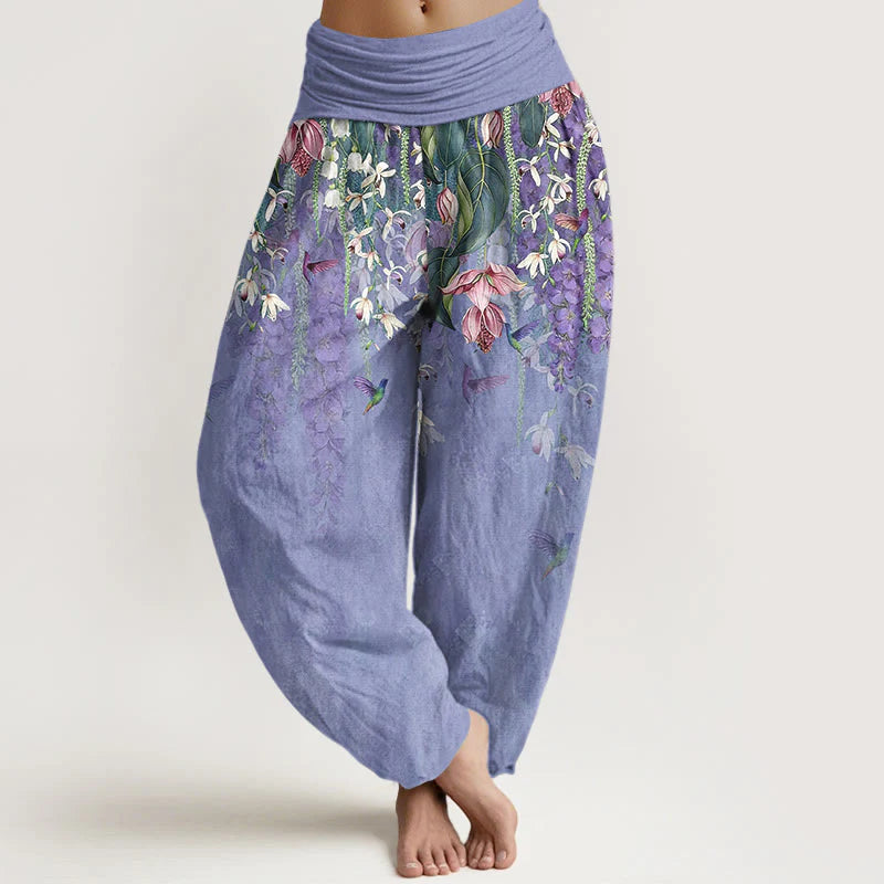 Buddha Stones Pure Cotton Orchid Birds Pattern Women's Elastic Waist Harem Pants