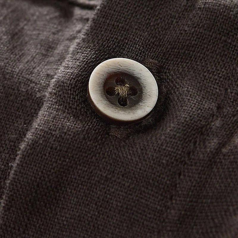 Buddha Stones Fall Solid Color Buttons Down Stand Collar Three Quarter Sleeve Linen Men's Shirt With Pockets