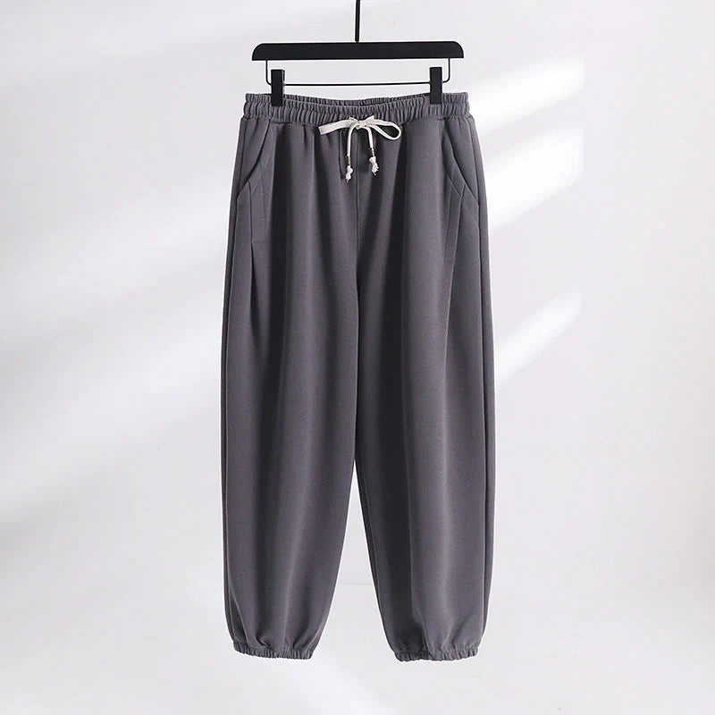 Buddha Stones Fall Winter Solid Drawstring Regular Fleece-Lined Elastic Waist Men's Cotton Harem Pants With Pockets