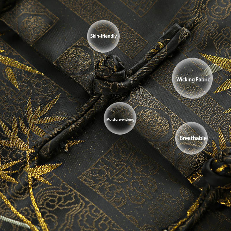 Buddha Stones Golden Bamboo Jacquard Frog-Button Long Sleeve Men's Jacket With Pockets
