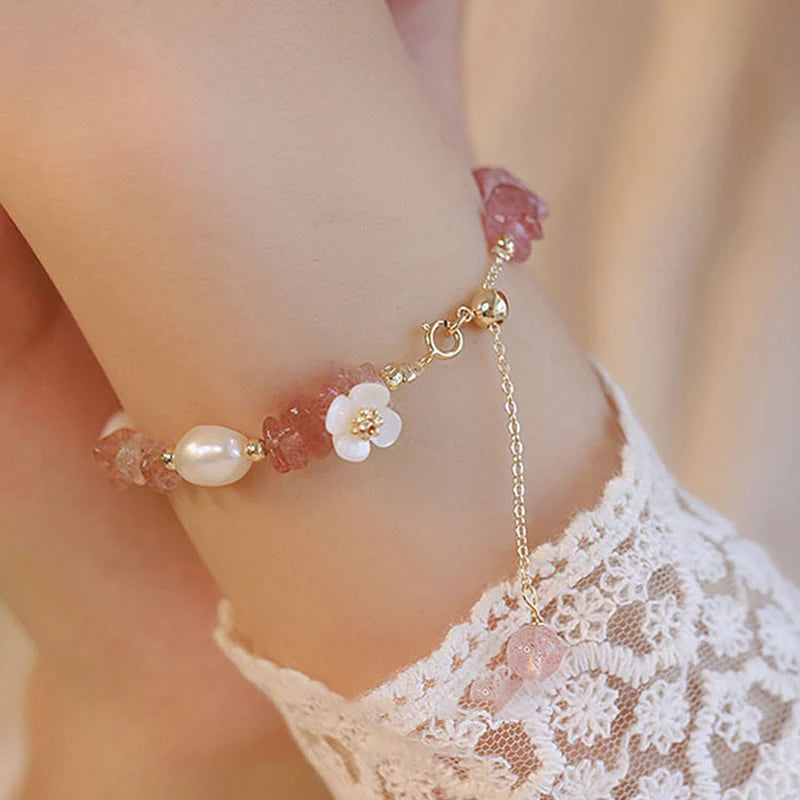 Buddha Stones White Flower Pearl Natural Irregular Strawberry Quartz Healing Chain Bracelet