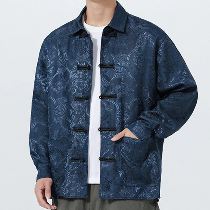 Buddha Stones Spring Jacquard Lapel Long Sleeve Men's Tang Suit Frog-Button Jacket With Pockets