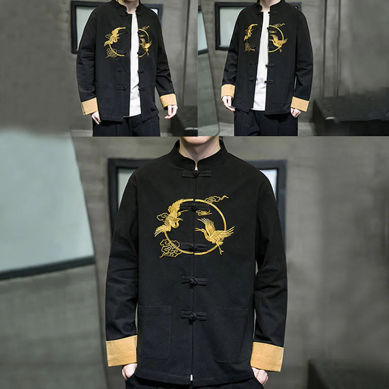 Buddha Stones Embroidery Cranes Pattern Frog-Button Men's Cotton Long Sleeve Jacket With Pockets