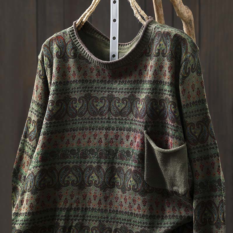 Buddha Stones Fall Plant Floral Pattern Crew Neck Long Sleeve Women's Cotton Sweater With Pocket