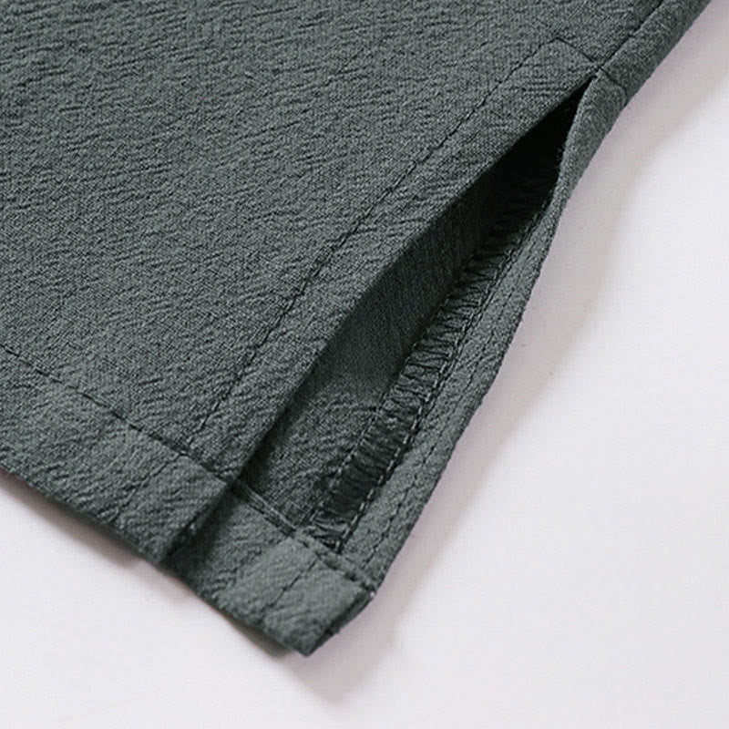 Buddha Stones Summer V-Neck Lapel Half Sleeve Cotton Linen Men's Shirt