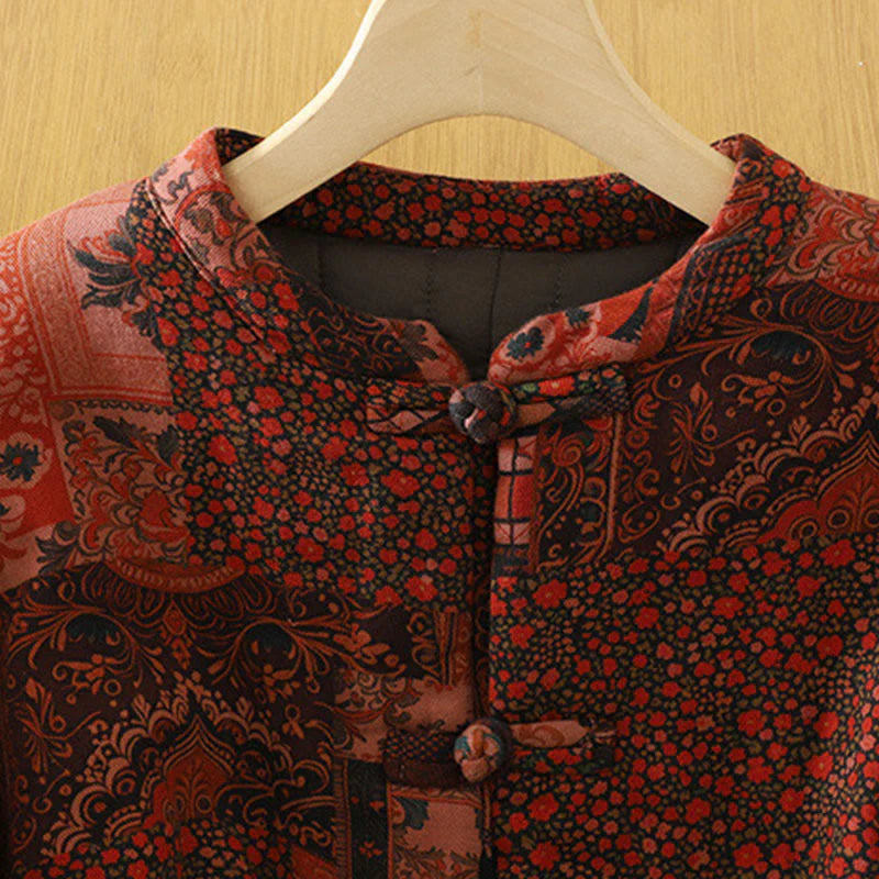 Buddha Stones Women's Ethnic Floral Long Sleeve Frog-buttons Cotton Thermal Jacket