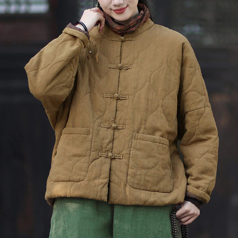 Buddha Stones Winter Curved Lines Frog-Button Ramie Cotton Long Sleeve Women's Thermal Jacket With Pockets