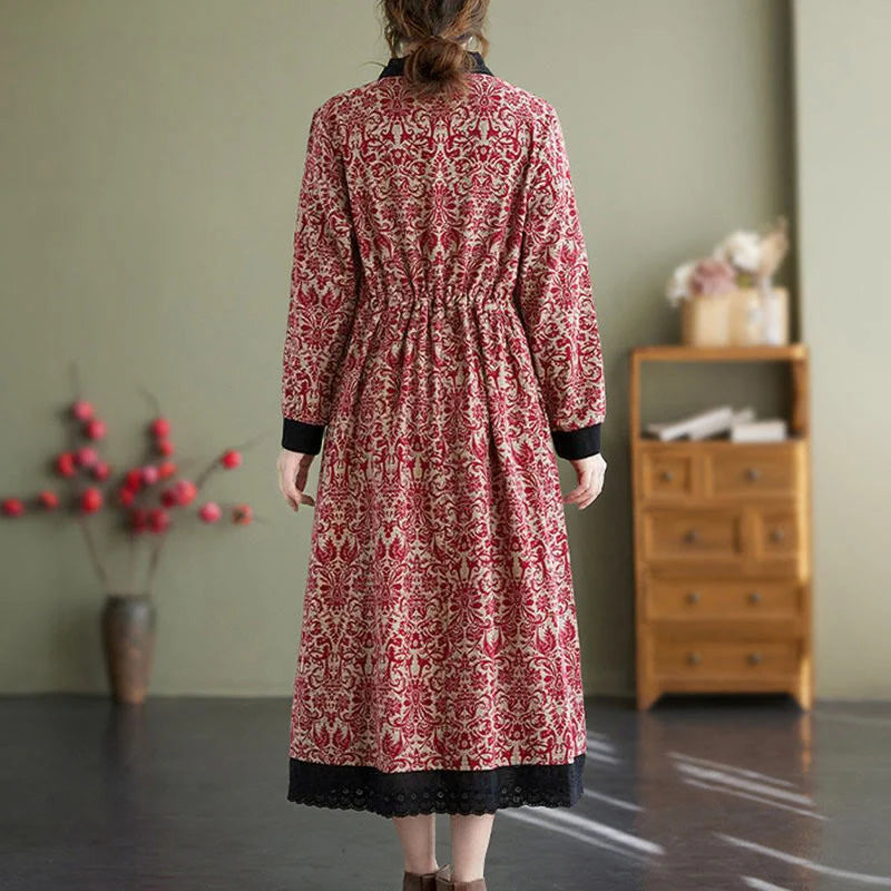 Buddha Stones Ethnic Printed Drawstring Long Sleeve Cotton Midi Dress With Pockets