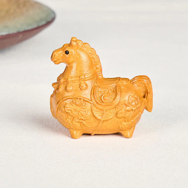 Buddha Stones Mini Year of the Horse Lotus Ebony Linden Wood Green Sandalwood Decoration 5.5*5*3.2cm