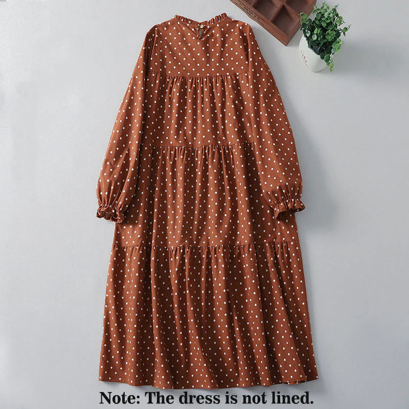Buddha Stones Spring Dot Pattern Ruffle Crew Neck Long Sleeve Cotton Linen Midi Dress With Pockets