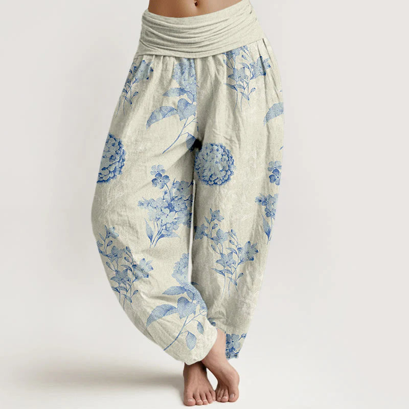 Buddha Stones Cotton Refresh Hydrangea Clustered Flowers Pattern Women's Elastic Waist Harem Pants