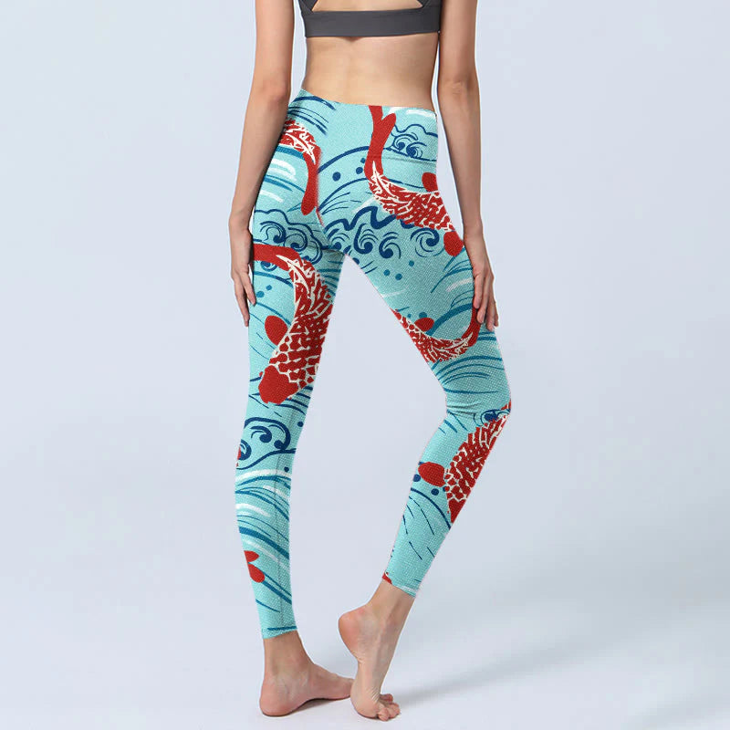 Buddha Stones Koi Fish Wave Pattern Print Gym Leggings Women's Yoga Pants