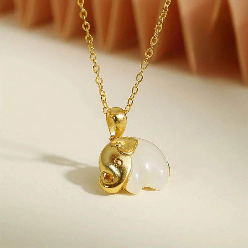 Buddha Stones Elephant Hetian Jade 925 Sterling Silver Luck Necklace Pendant