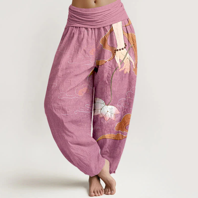 Buddha Stones Pure Cotton Lotus Flower Flowing Ribbons Hand Wearing Prayer Beads Clouds Pattern Women's Elastic Waist Harem Pants