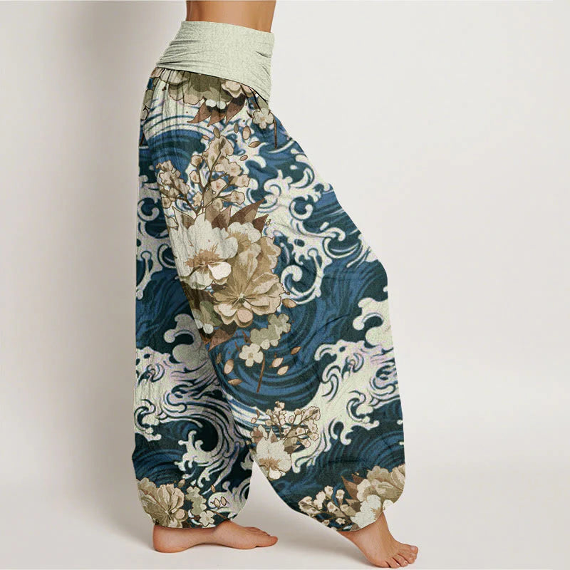 Buddha Stones Cotton Casual Wave And Floral Pattern Women's Elastic Waist Harem Pants