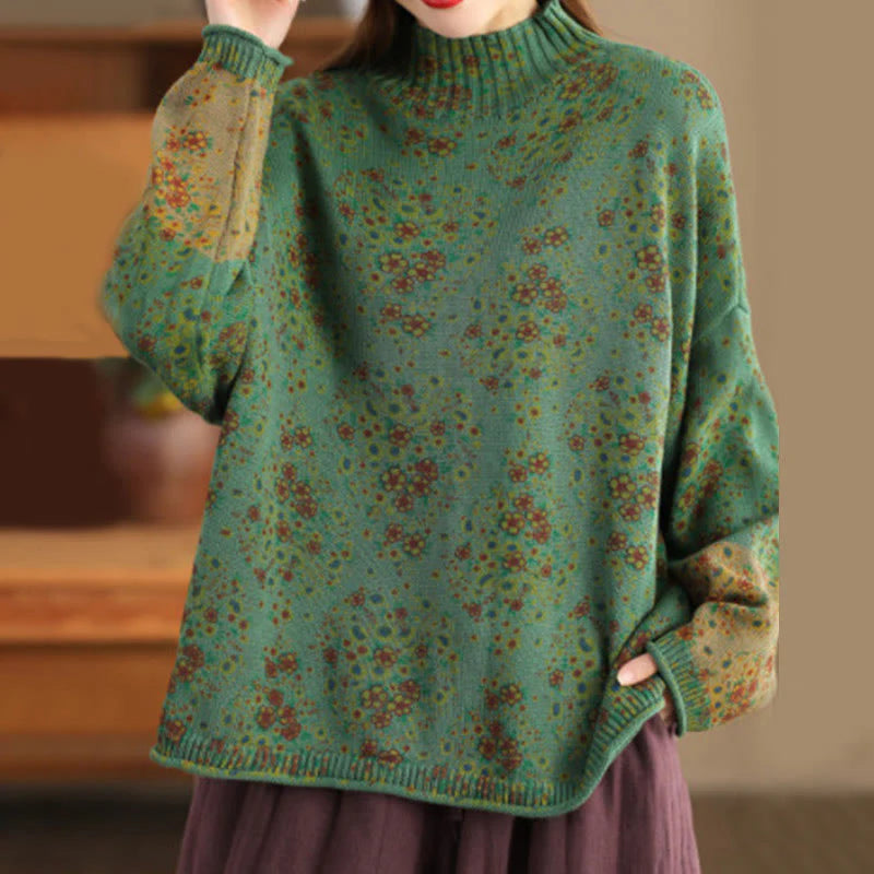 Buddha Stones Fall Printing Floral Long Sleeve Mock Neck Women's Knitted Cotton Sweater