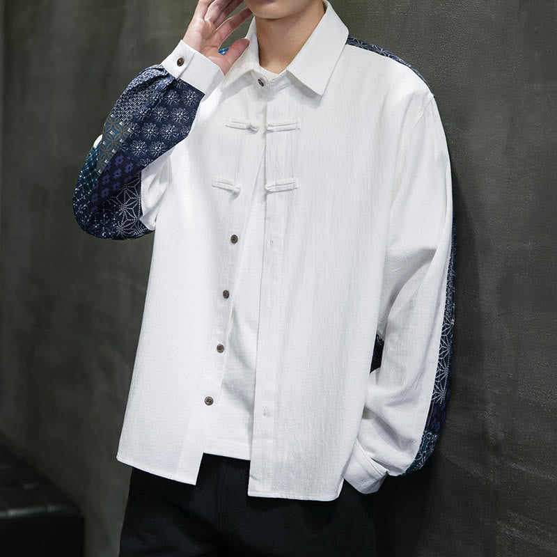 Buddha Stones Men's Flower Pattern Stitching Cotton Blend Long Sleeve Shirt