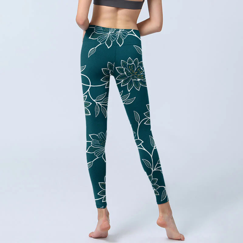 Buddha Stones Retro Elegant Flower Leaf Pattern Print Gym Leggings Women's Yoga Pants
